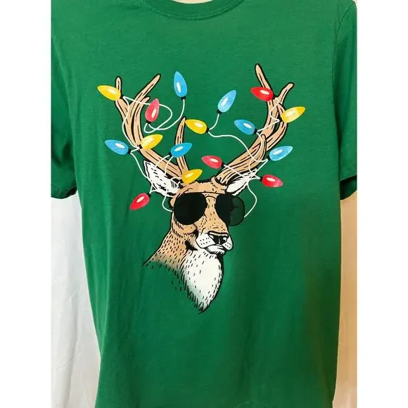 Holiday Time Green Reindeer Lights Tee Youth XL Fun Festive Christmas Top - Picture 3 of 5